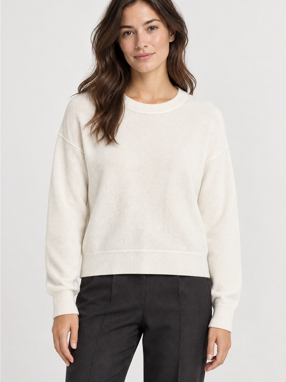 VINCE Ivory Textured Cotton Crewneck Sweater Medium